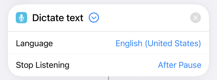 Dictate text action with Language English (United States) and Stop Listening After Pause