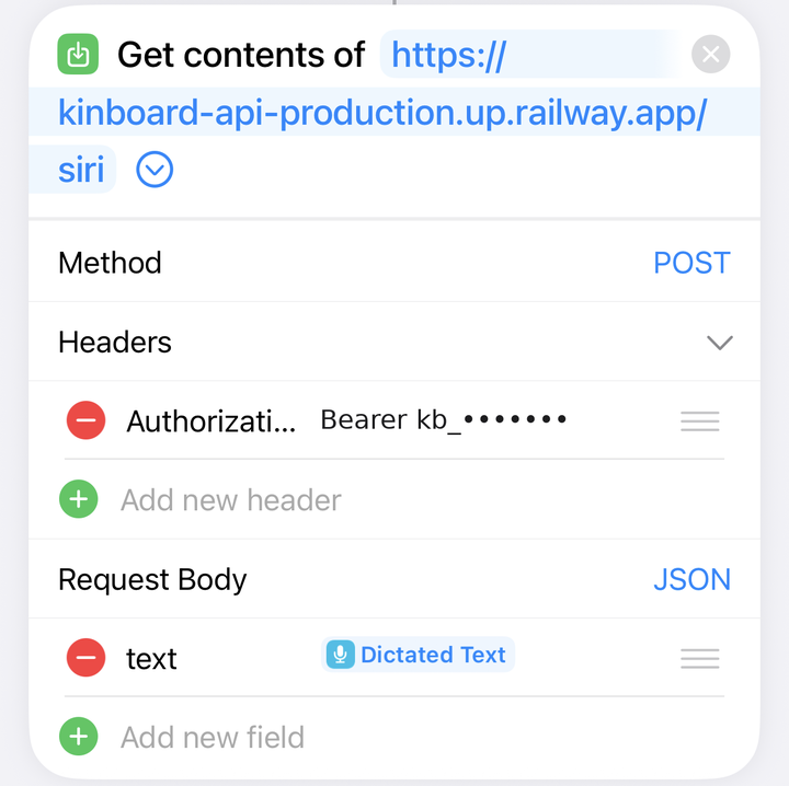Get contents of URL action filled in: the Sortpen address, Method POST, an Authorization header, and a JSON body field named text set to Dictated Text