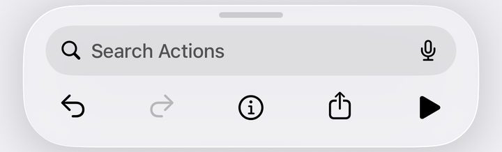 The Search Actions bar at the bottom of the Shortcuts editor, with undo, info, share and play buttons