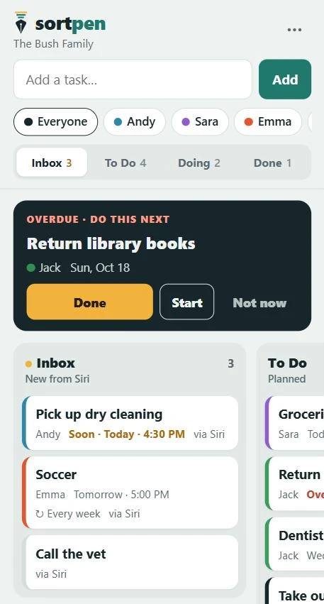 Sortpen on a phone: a 'Do this next' card showing the most urgent task, above Inbox and To Do columns with color-coded family members